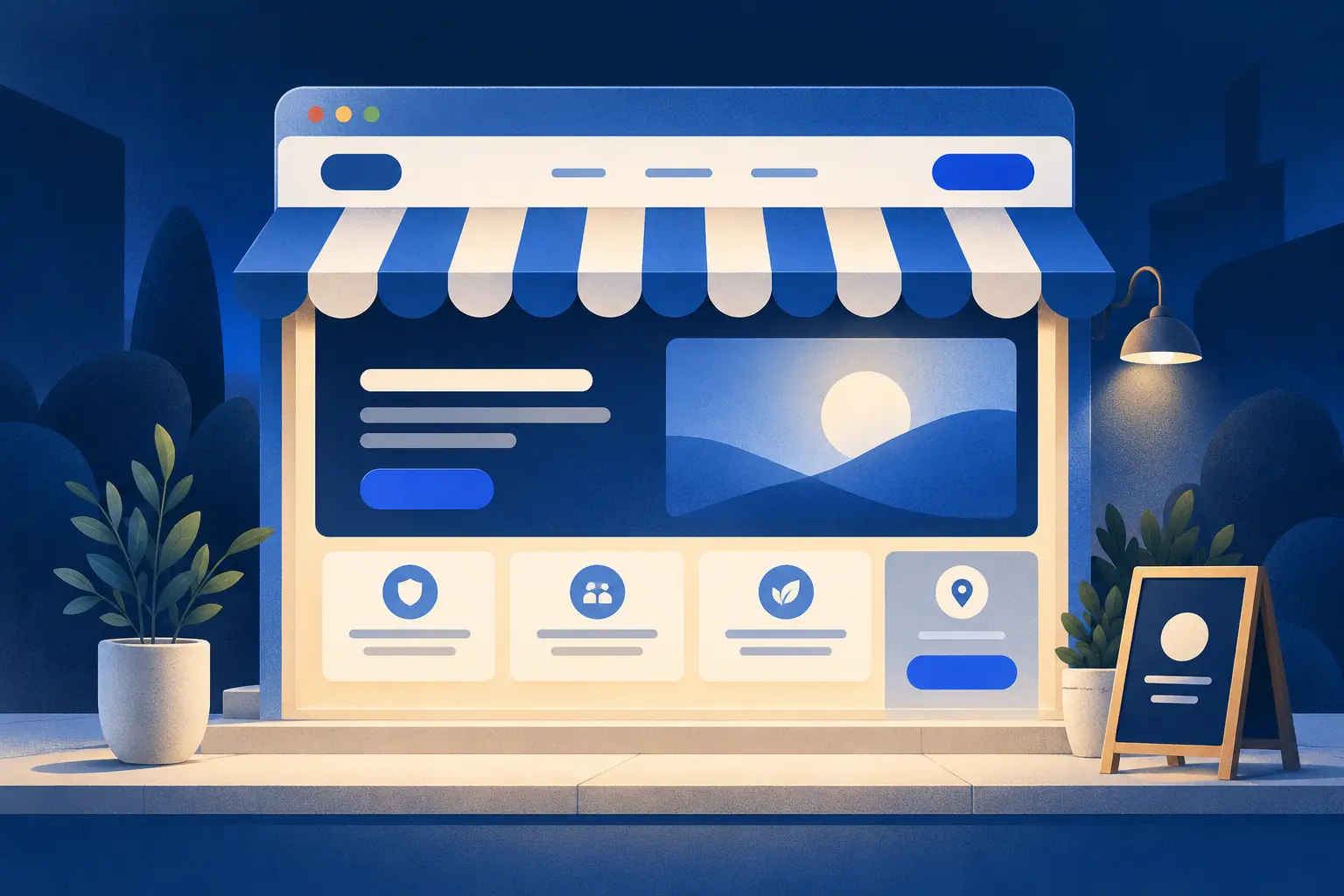 An illustrated small business storefront designed as a clear, welcoming website interface